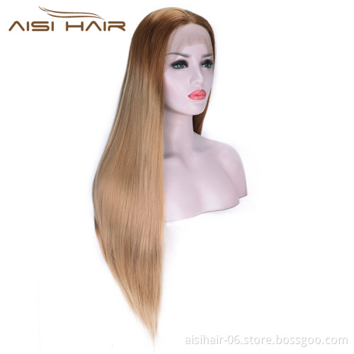 Aisi Hair Ombre Brown Lace Front Long Straight Wig High Temperature Fiber Synthetic Silk Straight Lace Front Long Wigs for Women